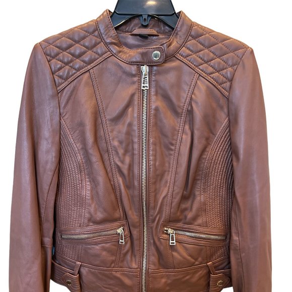 Guess Women's Cognac Quilted Leather Jacket  Size: Small - Picture 1 of 7